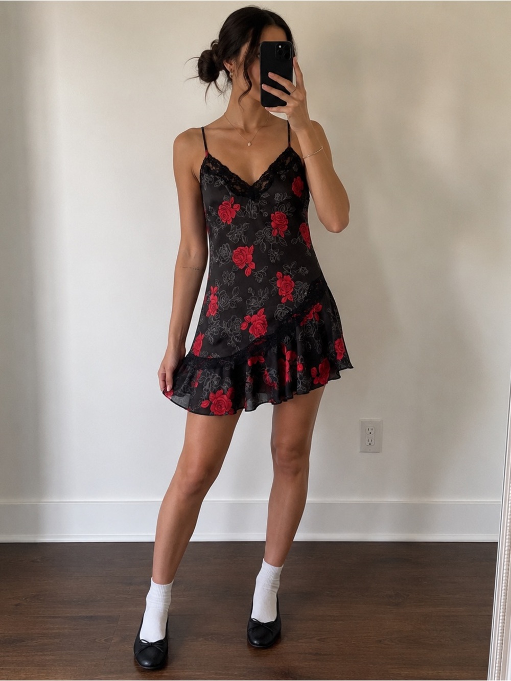 Secret Treasures Black Satin Slip Dress Floral Lace Romantic Y2K Coquette Y2K